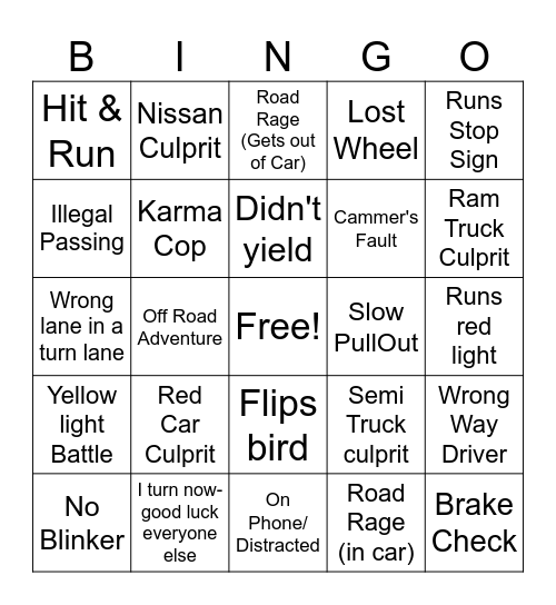 Bad Driver Bingo Card
