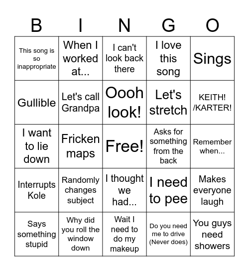 Roadtrip with mom Bingo Card
