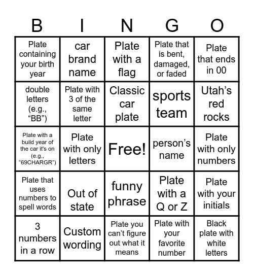 License Plate Bingo Card