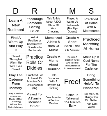 Drumline Band Camp Bingo Card