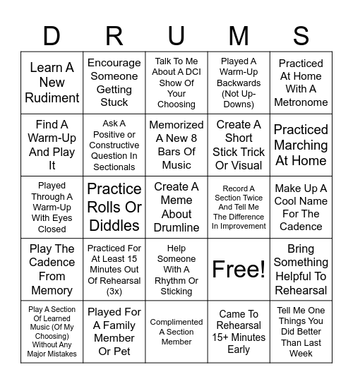 Drumline Band Camp Bingo Card