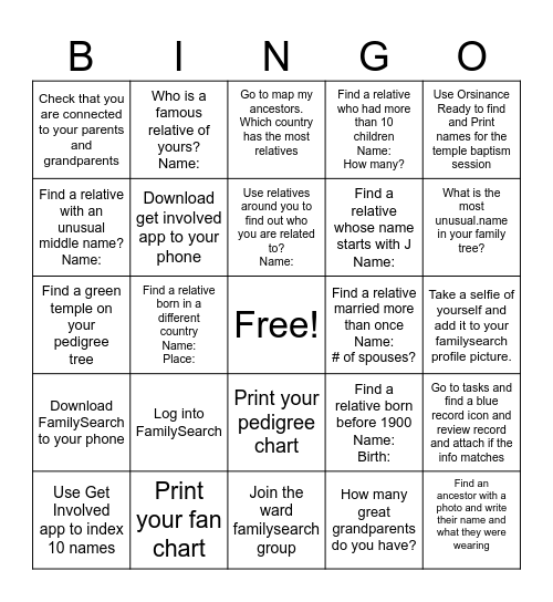 FamilySearch Scavenger Bingo Card