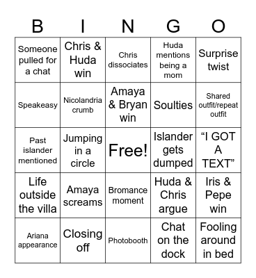 Love Island Bingo Card