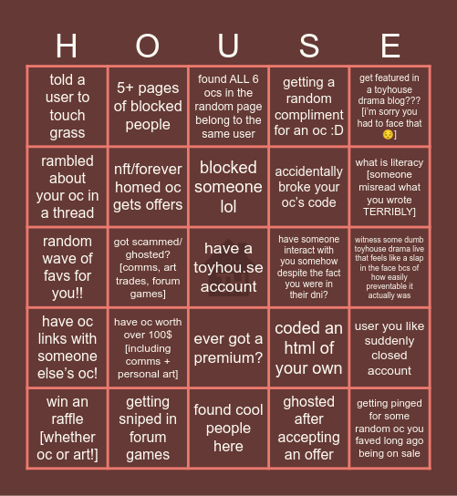 Very Toyhouse Bingo Card