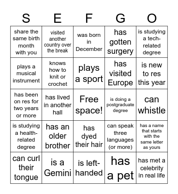 Find someone who Bingo Card