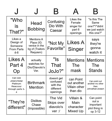JJBA Op Reaction Bingo Card