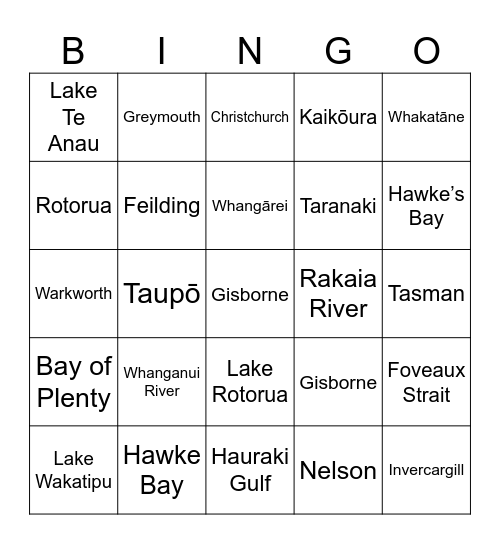 NZ Geography Bingo Card