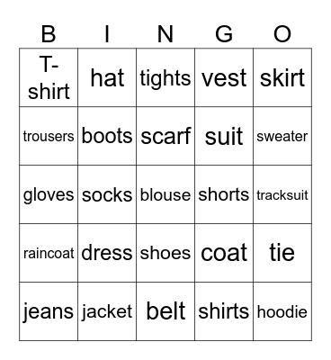 Clothes Bingo Card