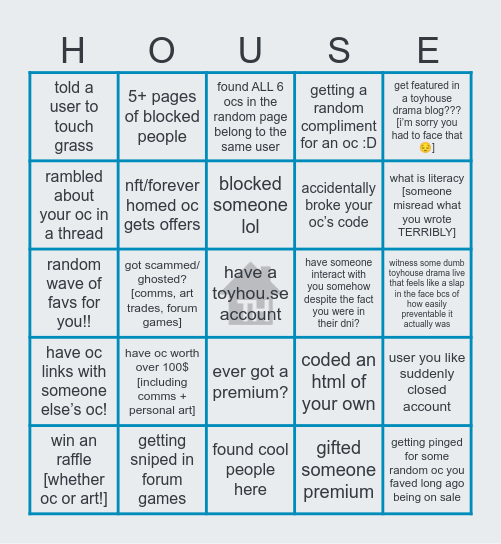 Very Toyhouse Bingo Card