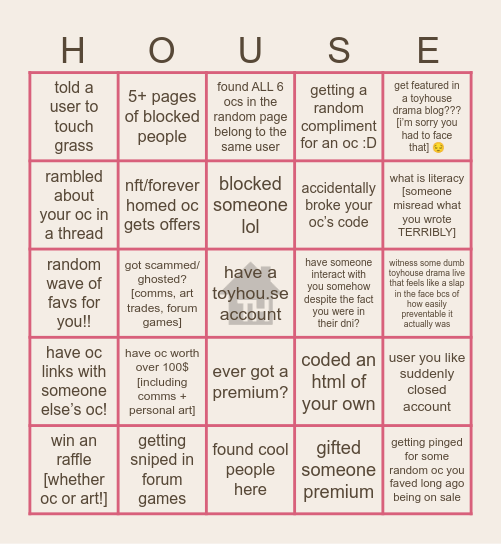 Very Toyhouse Bingo Card