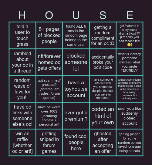 Very Toyhouse Bingo Card
