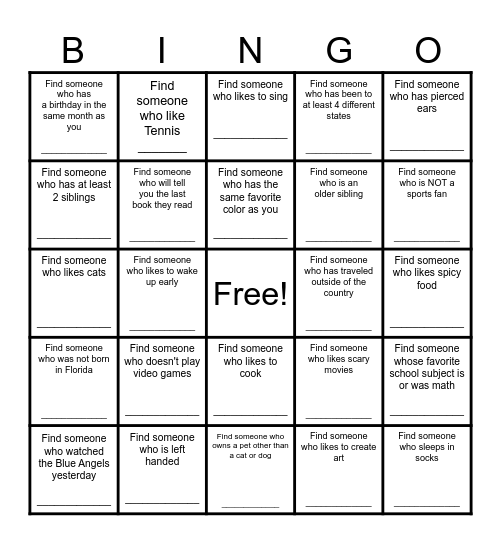 Find a Friend Bingo Card