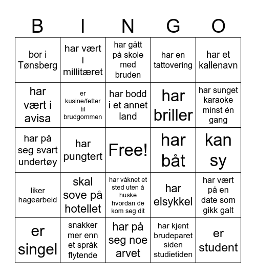 Finn en bryllupsgjest som .... Bingo Card