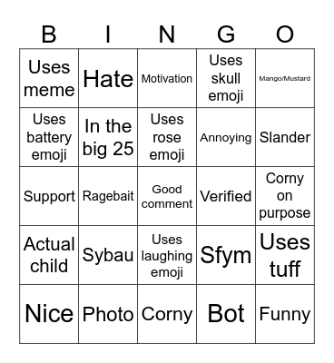 Tiktok comment Bingo Card