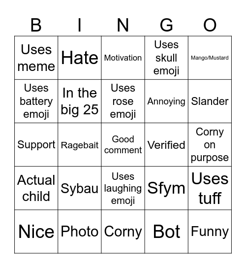 Tiktok comment Bingo Card