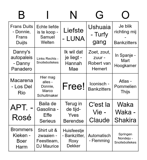 Muziek Bingo Card