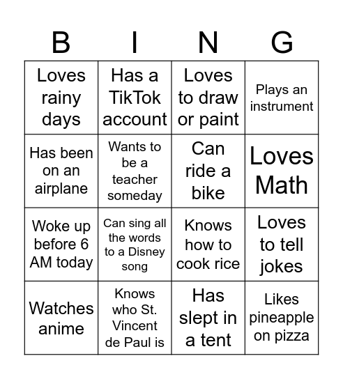 GETTING TO KNOW Bingo Card