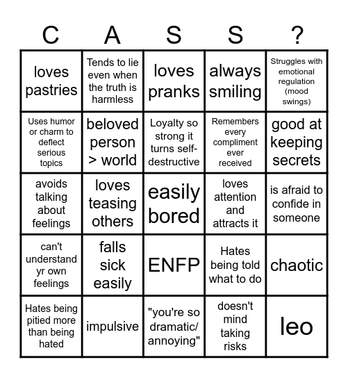 Cassandra Kin Bingo Card