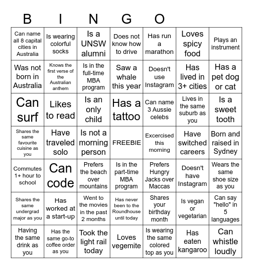 Social Bingo Card