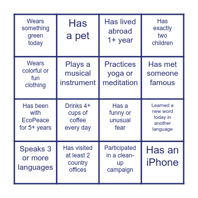 EcoPeace Human Bingo #1 Bingo Card