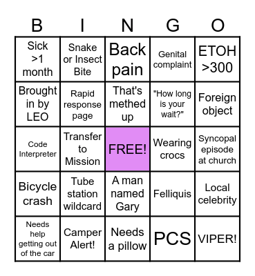 Sunday Funday ED Bingo Card