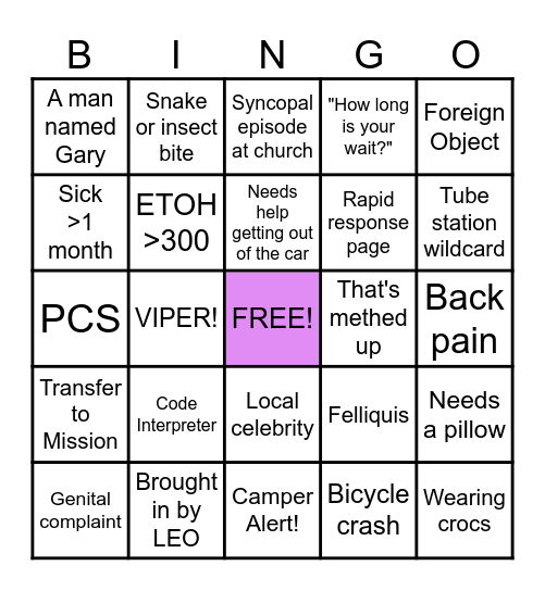 Sunday Funday ED Bingo Card