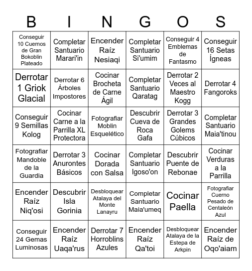 Bingo Objetivos Zelda TOTK Bingo Card