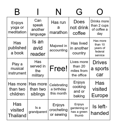 Employee Engagement Activity Bingo Card