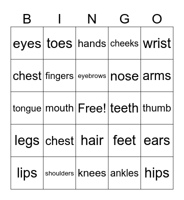 Body Parts Bingo Card
