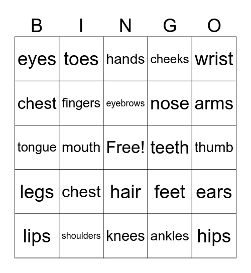 Body Parts Bingo Card