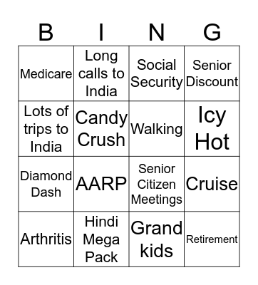 Dadi's 70th Birthday Bingo Card