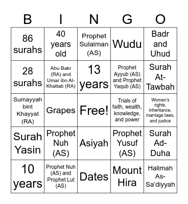 Islamic Bingo Card