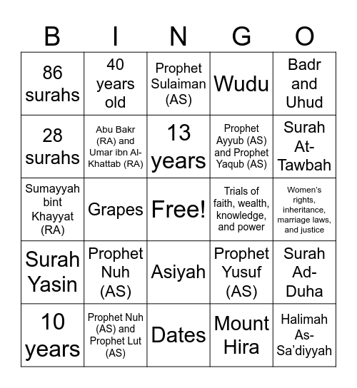Islamic Bingo Card