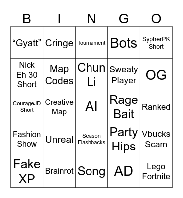 Fortnite Shorts Bingo Card