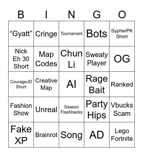 Fortnite Shorts Bingo Card
