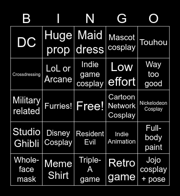 ToonFusion Cosplay Bingo Card