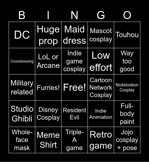 ToonFusion Cosplay Bingo Card