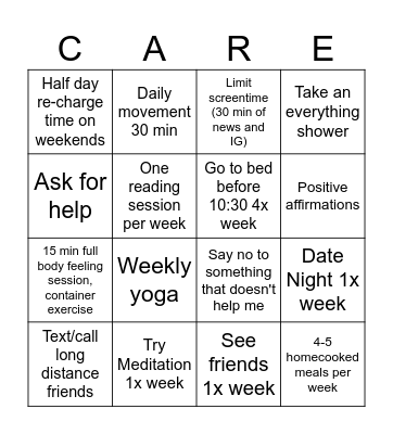 Self Care Bingo Card