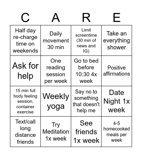 Self Care Bingo Card