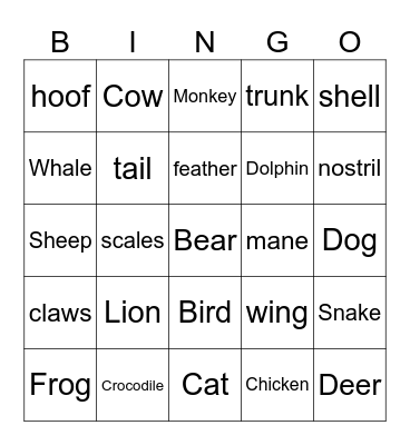 Animals vocabulary Bingo Card