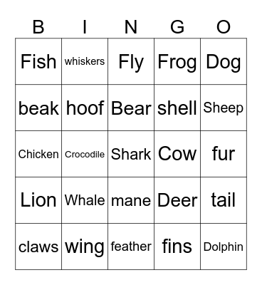 Animals vocabulary Bingo Card