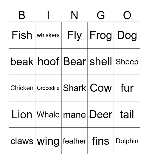 Animals vocabulary Bingo Card