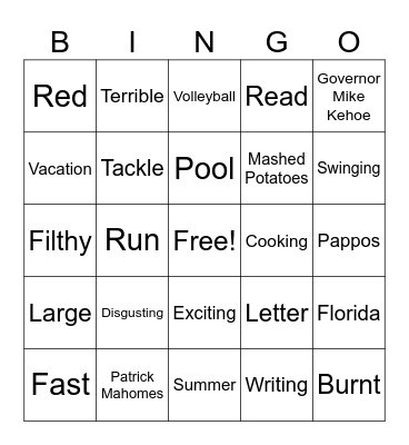 Nouns, Adjectives and Verbs Bingo Card