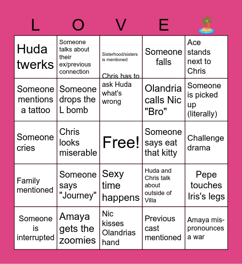 Love Island Finale Bingo Card