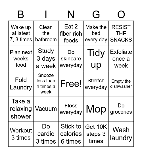 Weekly Chores Bingo Card