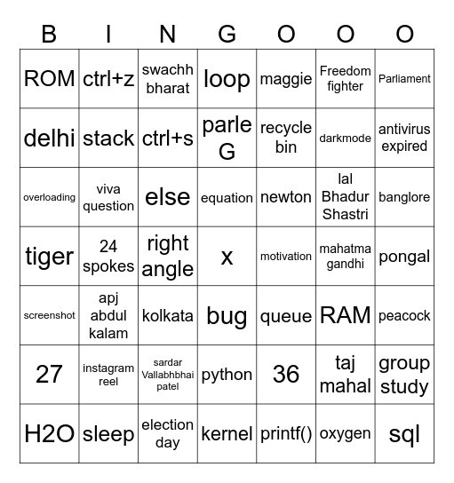 CLASS ACTIVITY!!! Bingo Card