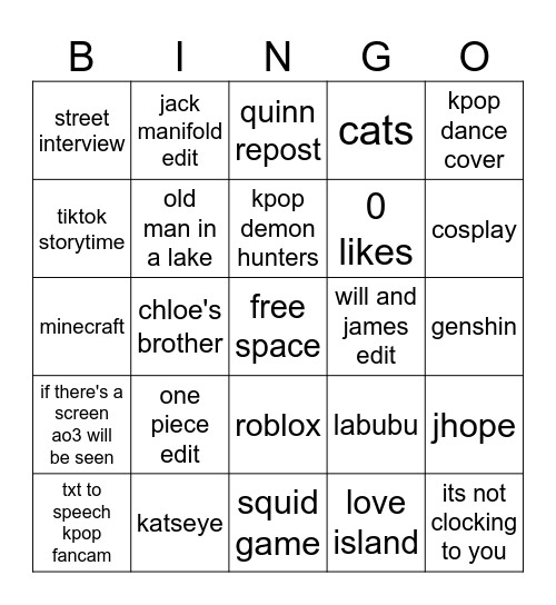 Tiktok fyp Bingo Card