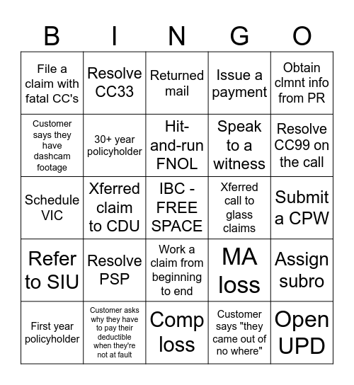 FNOL BINGO Card