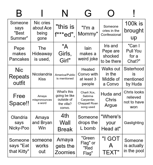 Love Island Season 7 Finale Bingo <3 Bingo Card