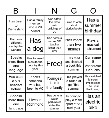 Head Start Bingo at VC Bingo Card